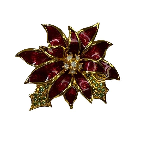 Nolan Miller Christmas Poinsettia Red Enamel Green Crystal Gold Tone Pin Brooch - Picture 1 of 9
